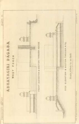 Plate XI. Abhayagiri Dágaba. West porch. Front elevation & section through A. B. C. D. D. E. Side elevation & aection through A. F. G.