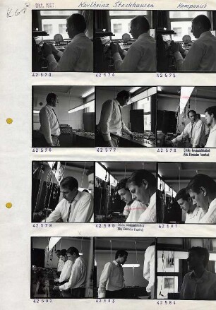 Portraitserie Karlheinz Stockhausen : Stockhausen, Karlheinz (1928.08.22 Mödrath/Kerpen - 2007.12.05 Kürten-Kettenberg), Komponist. Aufnahmen im Studio für elektronische Musik des Westdeutschen Rundfunks Köln (WDR) mit Studioleiter und Komponisten David Johnson (1940-1921)