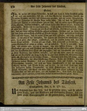 Am Feste Johannis des Täufers. Evangelium, Luc. 1. v. 57-80