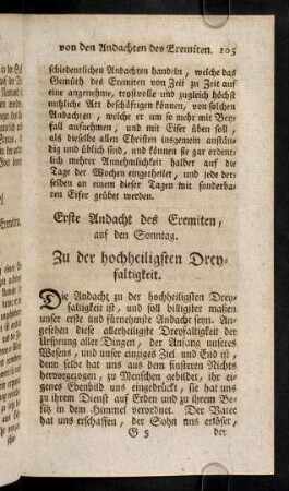 105-109, Erste Andacht des Eremiten, auf den Sonntag. Zu der hochheiligsten Dreyfaltigkeit