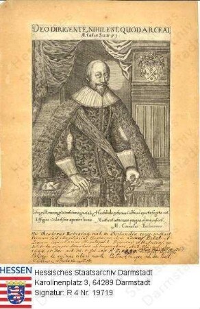 Reinking, Dietrich (Theodorus) v. Prof. Dr. jur. (1590-1664) / Porträt, an Balustrade vor Raumkulisse stehend, Halbfigur, mit Bildlegende und handschriftlichen Anmerkungen und Wappen