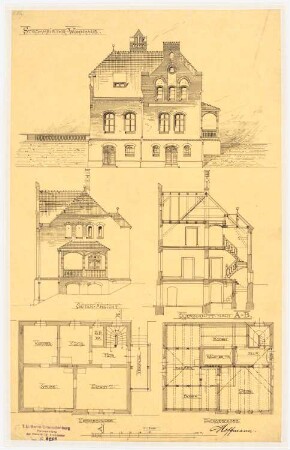 Strommeister-Wohnhaus: Ansichten, Schnitt, Grundrisse, 1:100