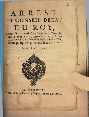 Arrest du Conseil d'estat du Roy contre l'Escrit : Lettre à N. S. P. le Pape Innocent XIII.