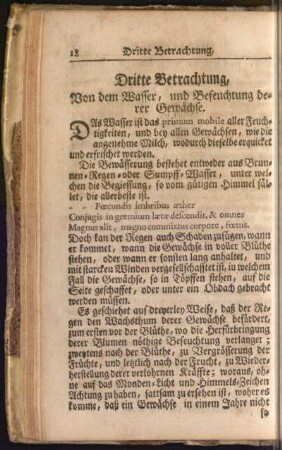 Dritte Betrachtung, Von dem Wasser, und Befeuchtung derer Gewächse