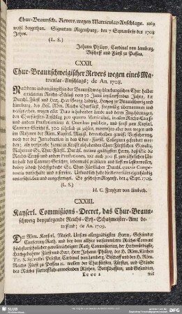 CXXII. Chur-Braunschweigischer Revers wegen eines Matricular-Anschlags; de An. 1708