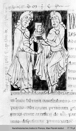 Rhetorica ad Herennium : Textseite mit Miniatur: Cicero übergibt Herennius sein Werk