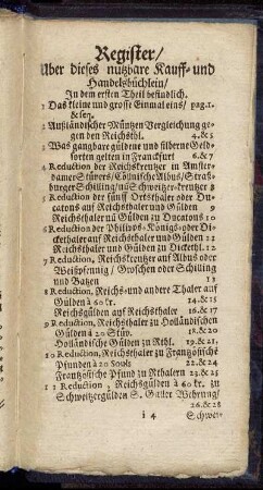 Register Uber dieses nutzbare Kauff- und Handelsbüchlein/ In dem ersten Theil befindlich.