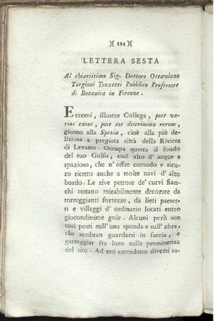 Lettera Sesta Al chiarissimo Sig. Dittore Ottaviano Targioni Tozzetti Publico Professore di Botanica in Firenze.
