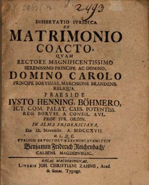 Dissertatio Ivridica De Matrimonio Coacto