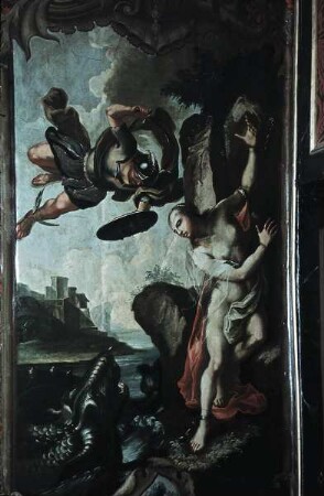 Großes Fremdenzimmer: Perseus befreit Andromeda aus der Gewalt des Drachen (Ovid Met. IV 662-789)