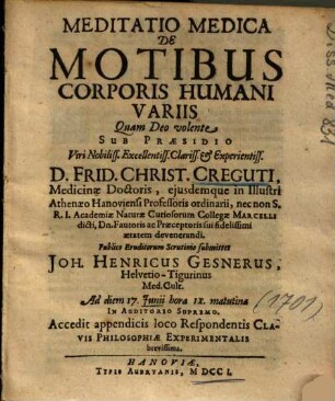 Meditatio Medica De Motibus Corporis Humani Variis