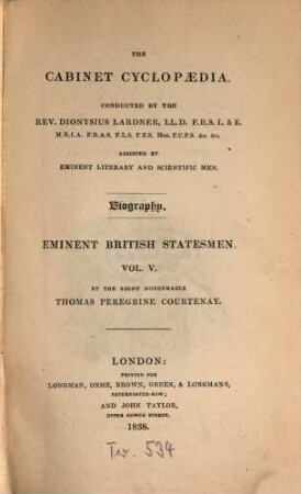 Lives of eminent British Statesmen, 5. Robert Cecil, Earl of Salisbury. Thomas Osborne, Earl of Dauby