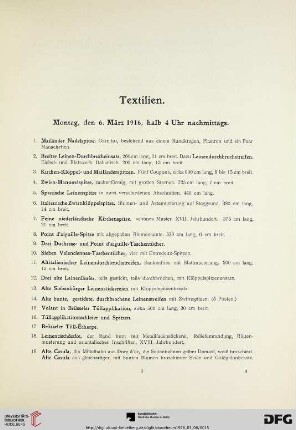 Textilien. Montag, den 6. März 1916, halb 4 Uhr nachmittags (Nr. 1-130)