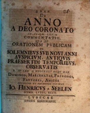 De anno a Deo coronato, ad Ps. LXV, 12. commentatio