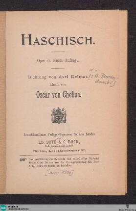 Haschisch : Oper in 1 Aufzuge