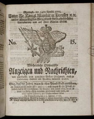 No. 15. Montags, den 14ten Aprilis, 1755.
