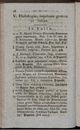 V. Philologia, inprimis graeca et latina