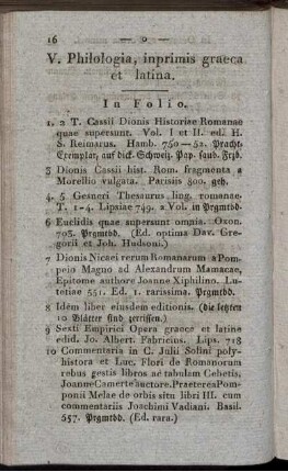 V. Philologia, inprimis graeca et latina
