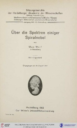 1912, 15. Abhandlung: Sitzungsberichte der Heidelberger Akademie der Wissenschaften, Mathematisch-Naturwissenschaftliche Klasse: Abteilung A, Mathematisch-physikalische Wissenschaften: Über die Spektren einiger Spiralnebel