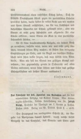502-510 [Rezension] Hirschl, Joseph, Das Todesjahr des heiligen Ignatius von Antiochien