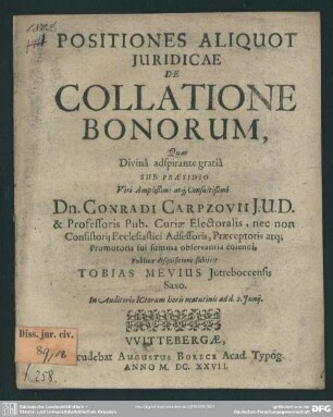 Positiones aliquot juridicae de collatione bonorum