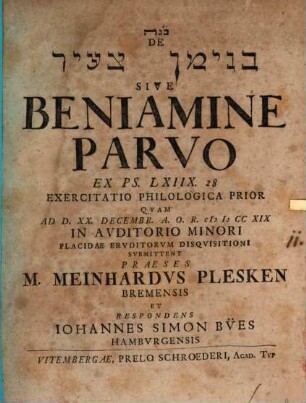 De ... Sive Benjamine parvo, ex Ps. 68, 28. exercitatio philologica, 1