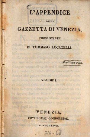 L' appendice della Gazzetta di Venezia : Prose scelte. 1. - 384 S.