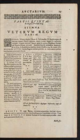 Partis Quintae Paralipomena. Stemma Veterum Regum Daniae.