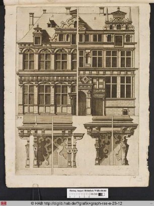 Zwei Ansichten einer Gebäudefassade und vier verschiedene architektonische Detailansichten von Kaminen.