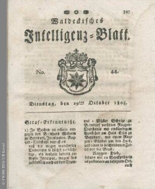 No. 44, Dienstag, den 29ten October 1805