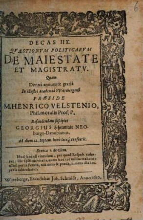 Decas ... Quaestionum Politicarum De Maiestate Et Magistratu, 8
