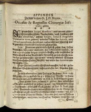 Appendix Zu dem Scripto D. J. D. Majoris, Occasus & Regressus Chirurgiae Inf: tituliert, gehörig