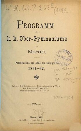 Programm des K.K. Obergymnasiums in Meran : veröffentlicht am Schlusse des Schuljahres .... 1891/92