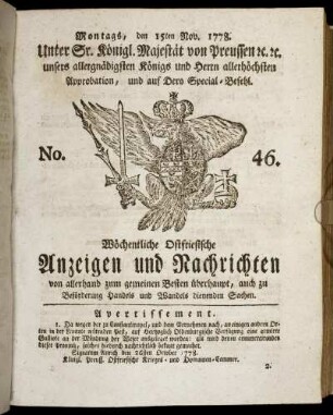 No. 46. Montags, den 15ten Nov. 1778.