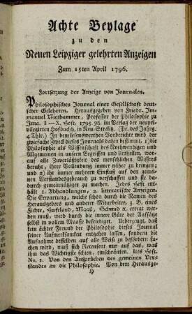 Achte Beylage zu den Leipziger gelehrten Anzeigen - Zum 15ten April 1796.