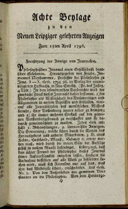 Achte Beylage zu den Leipziger gelehrten Anzeigen - Zum 15ten April 1796.
