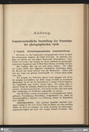 Anhang. Gemeinverständliche Darstellungen der Grundzüge der photographischen Optik