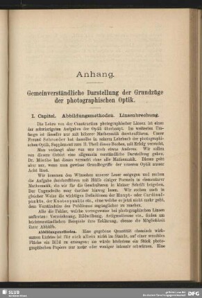 Anhang. Gemeinverständliche Darstellungen der Grundzüge der photographischen Optik