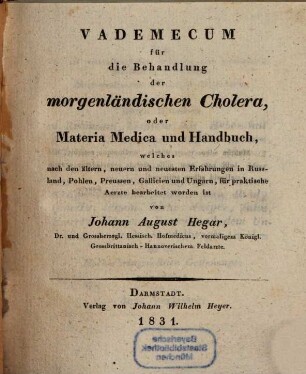 Vademecum für die Behandlung der morgenländischen Cholera ...