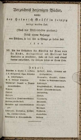 Verzeichniß derjenigen Bücher, welche bey Heinrich Gräff in Leipzig verlegt worden sind : (Nach den Wissenschaften geordnet.) ; Nebst einem Anhange von Büchern, so bey ihm in Menge zu haben sind
