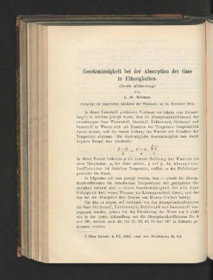 Gesetzmässigkeit bei der Absorption der Gase in Flüssigkeiten