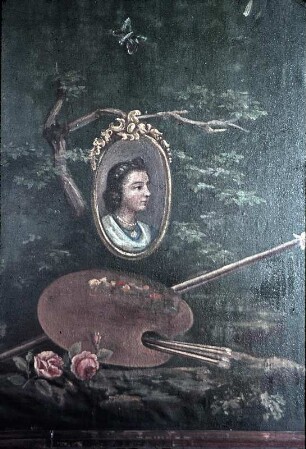 Bildnis einer jungen Frau mit Malerpalette, Pinseln und Malerstock