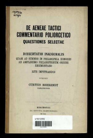 De Aeneae Tactici commentario poliorcetico quaestiones selectae