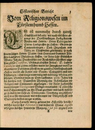 Historischer Bericht Vom Religionswesen im Fürstenthumb Hessen.