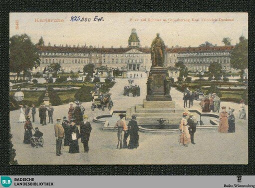 Karlsruhe : Blick auf Schloss m. Grossherzog Karl-Friedrich-Denkmal