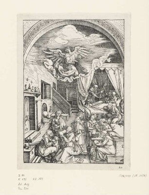 Geburt Mariens, Blatt 5 aus: Albrecht Dürer, "Epitome in Divae Parthenices Mariae Historiam ab Alberto Durero Norico per figuras digestam cum versibus annexis Chelidonii", Nürnberg 1511, S. Av