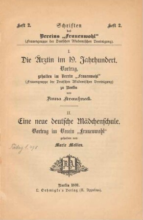 Die Ärztin im 19. Jahrhundert : Vortrag, gehalten im Verein "Frauenwohl" (Frauengruppe der Deutschen Akademischen Vereinigung) zu Berlin