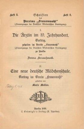 Die Ärztin im 19. Jahrhundert : Vortrag, gehalten im Verein "Frauenwohl" (Frauengruppe der Deutschen Akademischen Vereinigung) zu Berlin