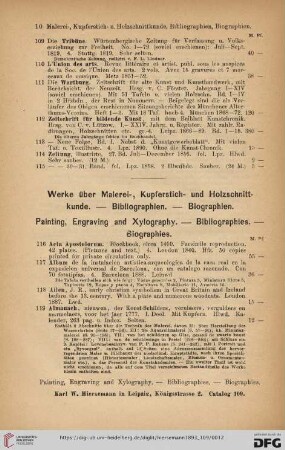 Werke über Malerei-, Kupferstich- und Holzschnittkunde. - Bibliographien. - Biographien. Painting, Engraving and Xylography. - Bibliographies. - Biographies (Nr. 116 - 1014)