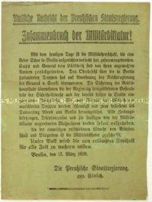 Bekanntmachung der preußischen Regierung über die Niederschlagung des Lüttwitz-Kapp-Putsches